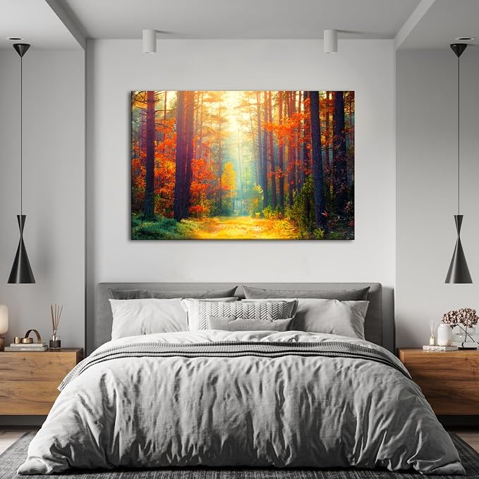 Large Fall Pictures Wall Art Autumn Forest Scenery Canvas Prints Living Room Bedroom Decor Nature Tree Poster Orange Maple Leavers Landscape Paintings Bathroom Sunshine Artwork Home Decorations 32x48