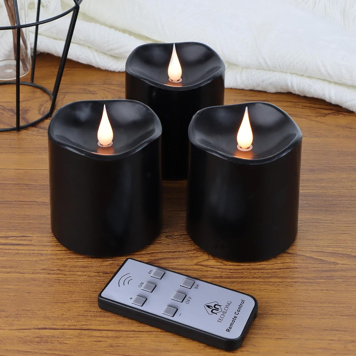 Black Flameless LED Candles, Halloween Candles Battery Operated with Remote Timer, 3D Moving Flame Flickering Last 600+ Hours, 3" x 3" Real Wax Electric Candle for Gothic Home Decor