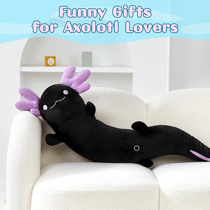 Tezituor Black Axolotl Stuffed Animal 48 inch Glow-in-Dark Plush Toy Body Pillow for Kids Adults Girls 6-12, 4ft Large Stuffed Salamander Axolotl Lovers Gifts Halloween Christmas Valentine's Day