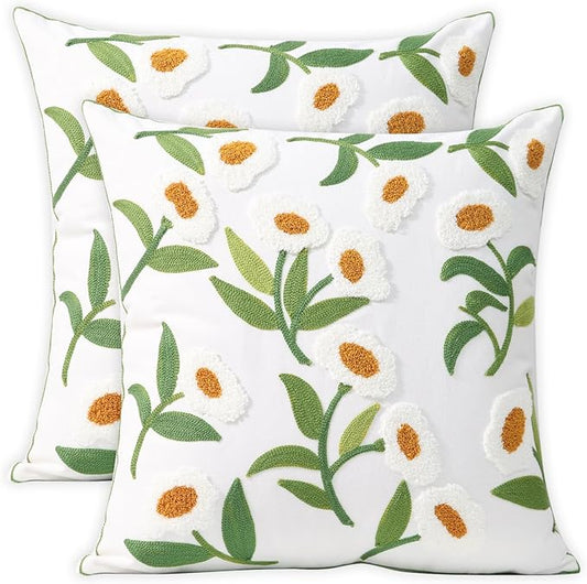 Pack of 2 Embroidered Decorative Throw Pillow Cover 18x18 Inch Farmhouse Floral Pillowcase for Living Room Sofa Bed (White Glass Flower)