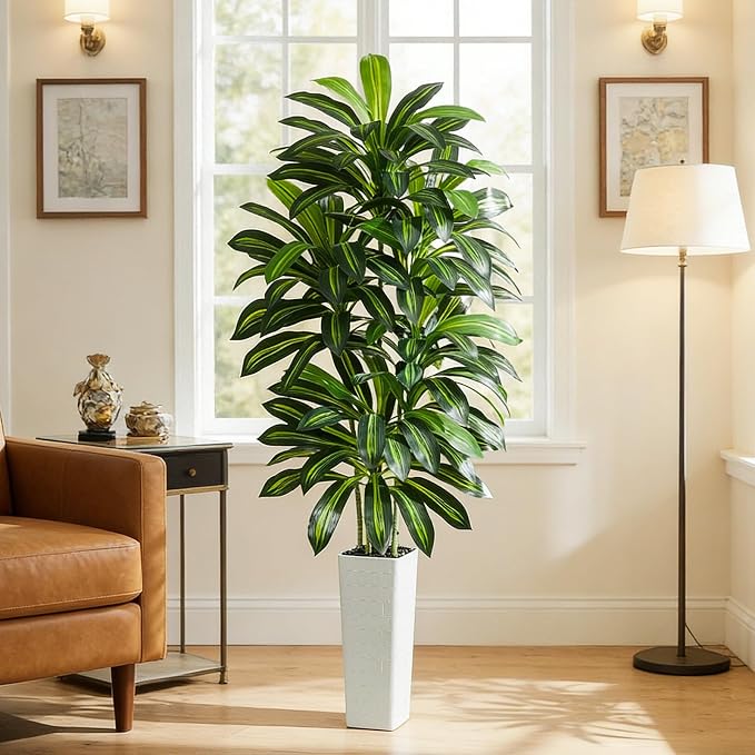 Artificial Dracaena Tree - 7FT Tall Fake Plants with White Tall Planter - Artificial Plants Indoor Floor Plant in Pot - Large Tropical Fake Yucca Potted Tree for Home Office Living Room Decor