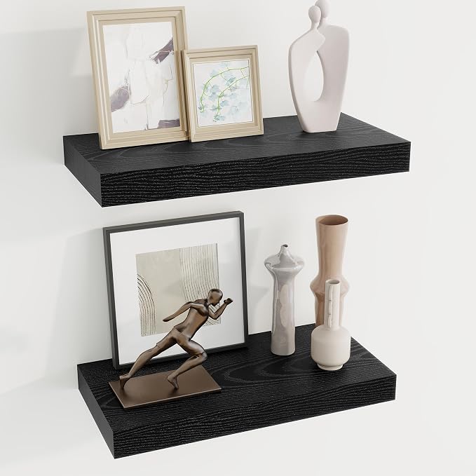 Dreamland 16" Black Floating Shelves 6.7" Deep Wall Mounted Set of 2 | Wall shelves for bathroom, bedroom, Living Room, kitchen, deep wall mount wood storage display for home decor 16" x 6.7"