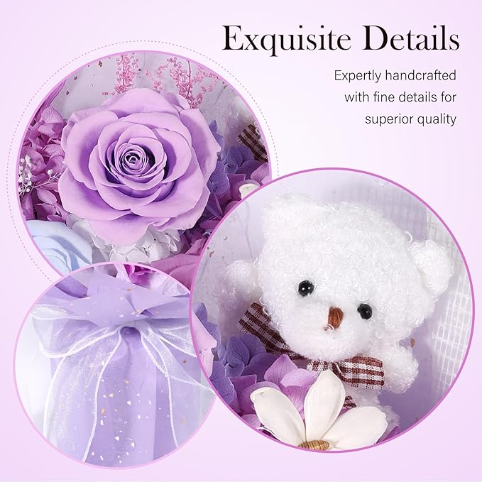 Preserved Flowers Bouquet with Bear, 3 Real Forever Flowers for Delivery, Long-Lasting Purple Eteranl Roses Bouquet, Mothers Day Gifts for Mom Grandma, Anniversary Birthday Gifts for Women Girlfriend