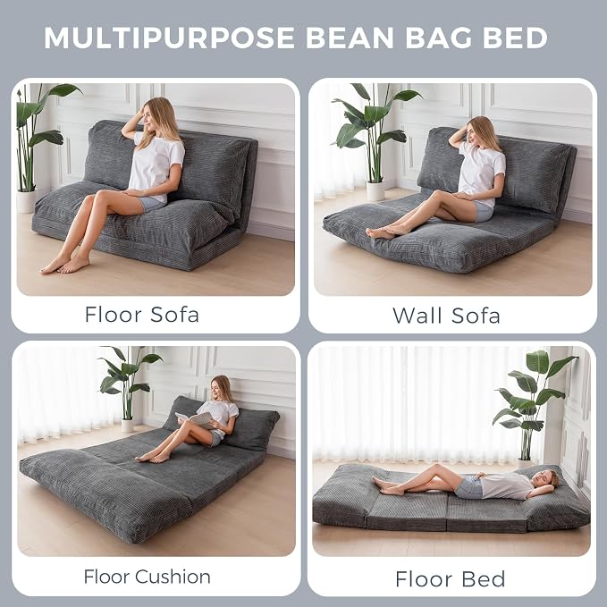 MAXYOYO Folding Sofa Bed, Extra Thick and Long Floor Sofa Convertible Chair with Washable Cover, Floor Couch Lounge Bean Bag Bed for Living Room, Dark Grey, 39x91 Inch