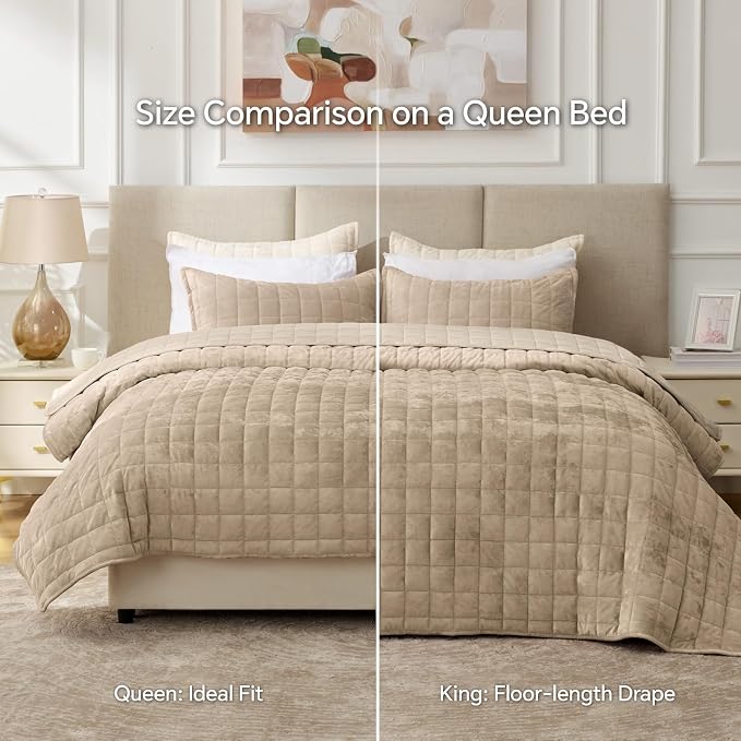 BEDELITE Velvet Quilt Set King Size - Luxury Soft Velvet Comforter Bedding Set for All Season, Lightweight Quilted Box Stitch Oversized Bedspread Coverlet with 2 Matching Shams, Taupe