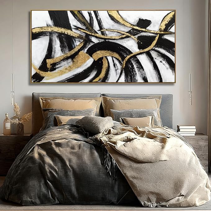 Kureful White Abstract Canvas Wall Art Gold Modern Artwork Black Line Prints Textures Picture for Walls Arts Posters for Office Bedroom Home 29"x58"