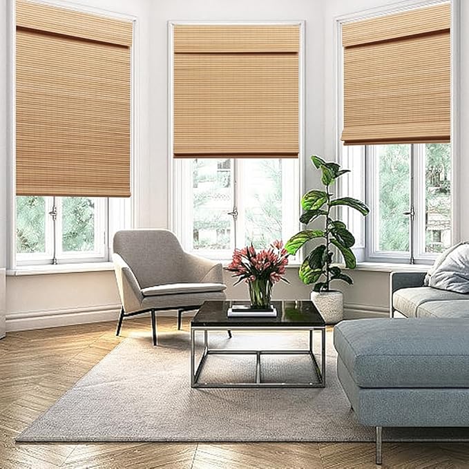 SEEYE Cordless Bamboo Roman Shades, Blackout Natural Bamboo Blinds for Indoor Windows, Roll Up Blind Privacy Shade for Home, Office, Door, UV Resistant & Easy to Install, 36" W x 64" H, Carbonized