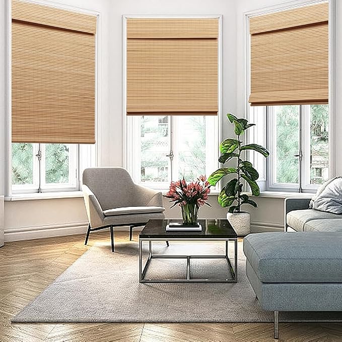 SEEYE Cordless Bamboo Roman Shades, Blackout Natural Bamboo Blinds for Indoor Windows, Roll Up Blind Privacy Shade for Home, Office, Door, UV Resistant & Easy to Install, 20" W x 64" H, Carbonized