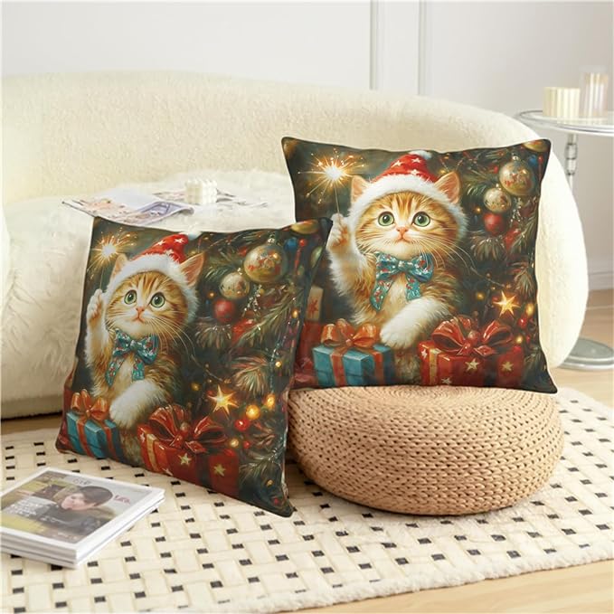 Christmas Pillow Covers 20x20 Set of 2 Adorable Cat Xmas Throw Pillow Covers Lovely Kitten Holding Sparklers Pillowcase Cotton Linen Cushion Case for Holiday Decor Sofa Couch