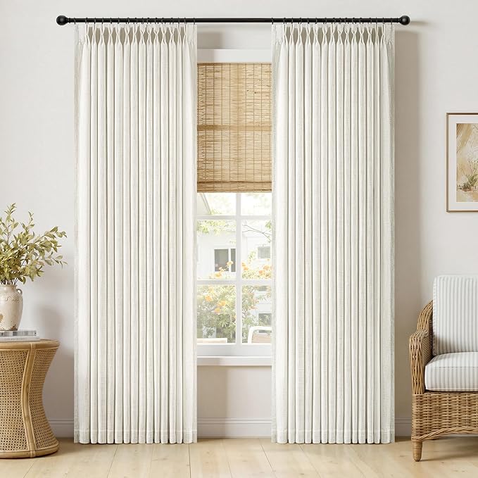 MIULEE Pinch Pleated Linen Curtains 96 Inches Long 2 Panels for Living Room Bedroom, Memory Trained Drapes Pinch Pleat Back Tab Light Filtering Neutral Ivory Cream Farmhouse Boho Window Curtains