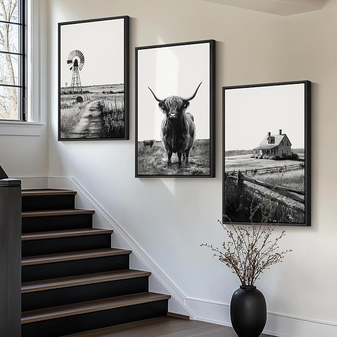 Large Framed Black and White Wall Art for Living Room, Modern Highland Cow Canvas Prints Paintings Set of 3 Pieces, Contemporary Farmhouse Barn Windmill Pictures for Bedroom Dining Room Hallway Wall Decor 20x30 Inch