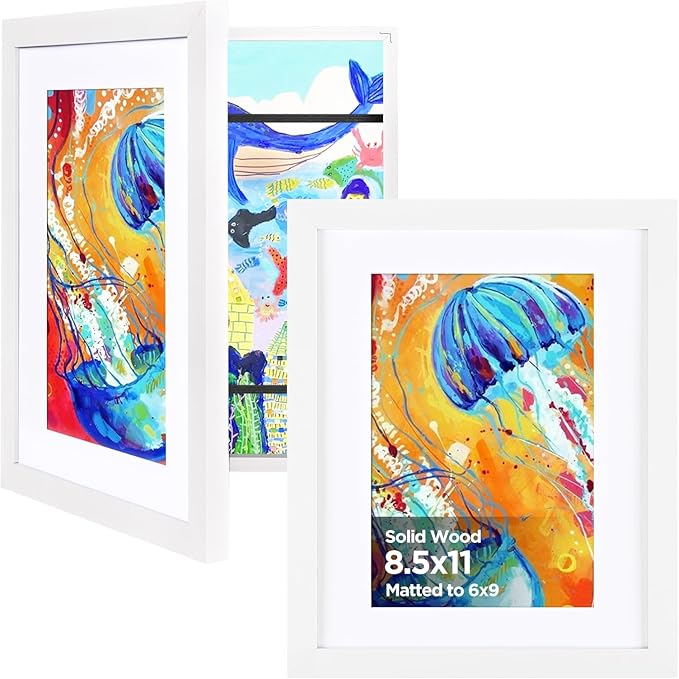 KINLINK 8.5x11 Kids Art Frame Set of 2, Solid Wood Kids Artwork Frames Changeable with Front Opening Hold 150 Pictures, Art Frames for Kids Art with Mat，without Mat 8.5x11 Picture Frame, White