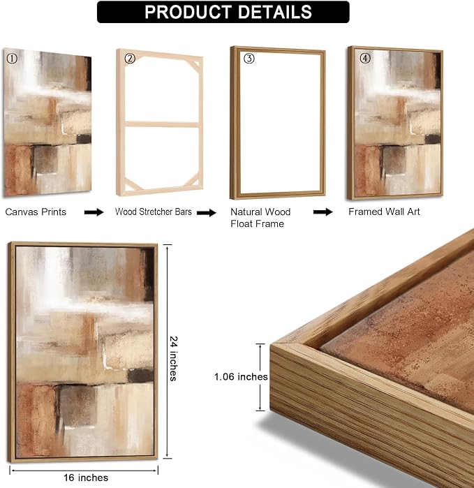 Large Framed Canvas Wall Art - Natural Float Framed Brown Abstract Picturtes for Living Room Decor Brown Abstract Painting Artwork Prints for Bedroom Kitchen Home Office Decor 48" X 24" Set of 3