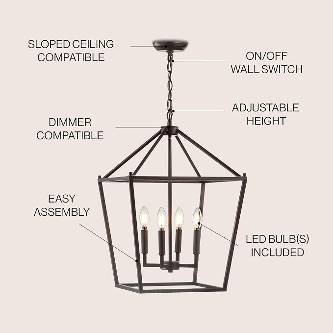 JONATHAN Y 16" Oil Rubbed Bronze Lantern Pendant Light, 4-Light Pagoda Style Metal Cage Farmhouse Hanging Ceiling Fixture for Kitchen Island, LED Bulb Included (JYL7437A)