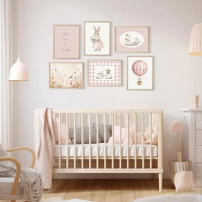 Pink Nursery Wall Art Decor Baby Girl Room Pictures Vintage Nursery Canvas Wall Decor Bunny Prints Floral Swan Poster Cute Rabbit Painting Artwork for Toddler Girls Bedroom 12x16x6 Inch Wood Framed