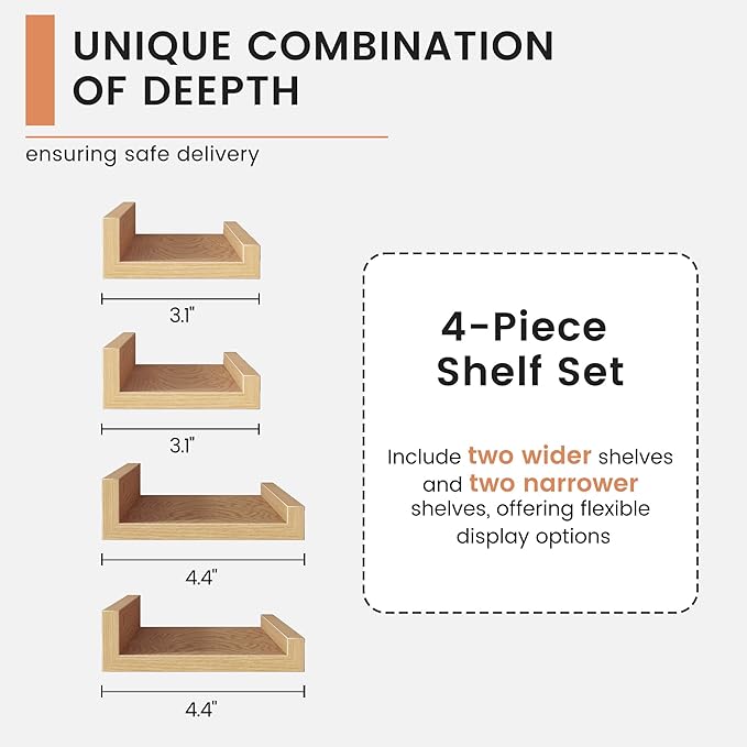 FLYJOE Floating Picture Ledge Shelves for Wall Set of 4, 24 Inch Wall Shelves with Lip Long Large Nursery Book Shelf for Toys Storage Kids Bookshelf Wall Mounted Living Room Bedroom Decor Frames