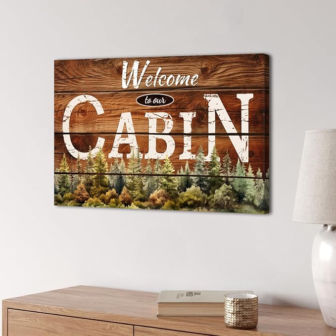 Rustic Farmhouse Cabin Wall Art Living Room Welcome Sign Pictures Bedroom Wall Decor Nature Pine Trees Forest Brown Woodsy Grain Canvas Prints Lodge Woodland Painting Nursery Home Decoration 12x16in