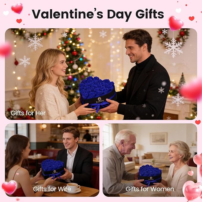 Valentines Day Flowers Roses Gifts for Her,28pcs BlueForever Preserved Roses in Heart Shape Gift Box,Valentines Day Delivery Prime Gifts-Roses Gifts for Women,Mom.
