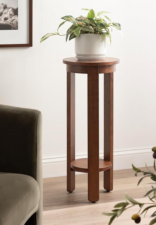 Kate and Laurel Foxford Modern Tiered Round Drink Table, 12 x 12 x 30, Walnut Brown, Transitional Two-Tier Circle Plant Stand for Use as Living Room Pedestal Table or Small Bedroom Nightstand