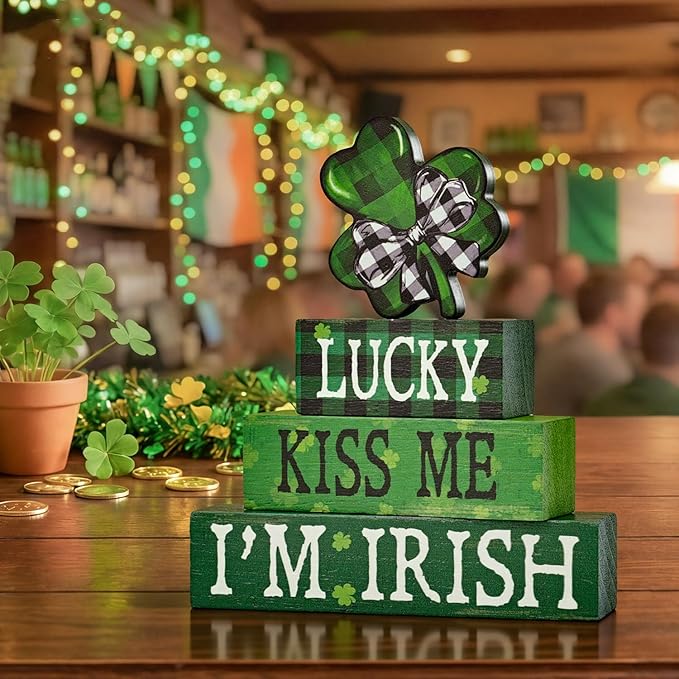 Smile St.Patrick's Day Wooden Block Decor Set of 4 Shamrock & "LUCKY KISS ME I'M IRISH", Tabletop Shelf Lucky Holiday Decoration