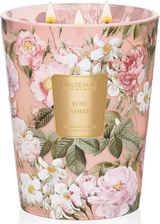 M&SENSE Rose Amber Soy Candle, 35oz 3-Wick, Romantic Women's Gift | 150H Long Burn, Non-Toxic, Large Jar, Anniversary Evening, Bedroom Romance Home Fragrance, Stress Relief Housewarming Gifts
