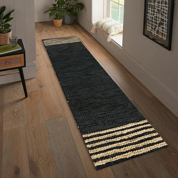 GRUHUM Jute Runner Rug 2'6"x10' ft Black Leather Natural Jute Rug 2.5x10 ft | Handwoven Boho Braided Soft Rustic Vintage Ecofriendly Indoor Rugs for Kitchen Farmhouse Bedroom Hallways Entryways