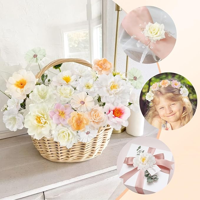 ATTGREAT 210 Pcs Mini Silk Flower Heads Small Fake Rose Daisy Faux Flowers Bulk for Crafts Artificial Loose Fabric Flowers Heads Sunflower Bulk for Wedding Hair Cap Dresses Decorations (White)