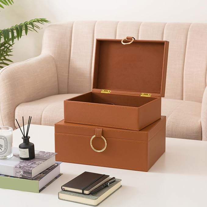 Soul & Lane Faux Leather Storage Box Set, 2 Decorative Boxes with Lids for Home Decor, Coffee Table and Living Room Shelf Organization, Remote Control Holder with Stacking Design, Warm Saddle Brown