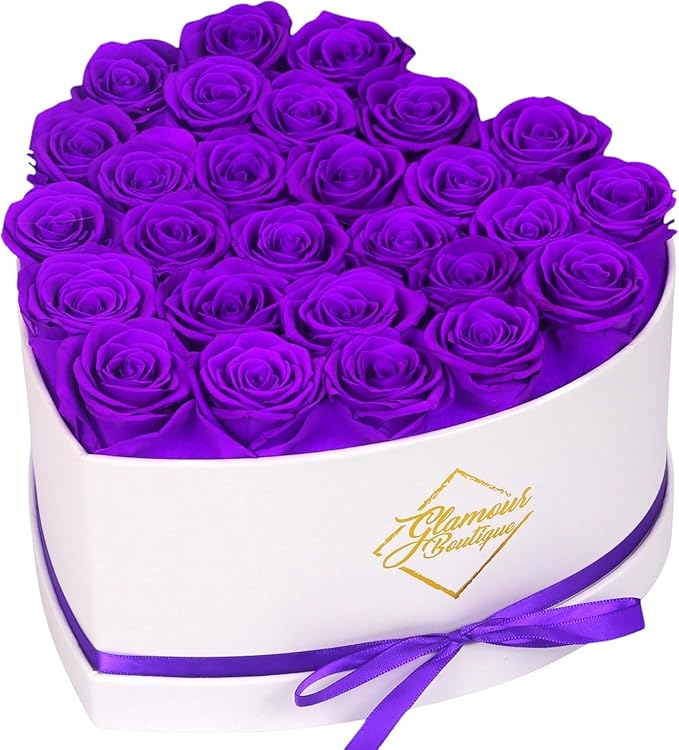 GLAMOUR BOUTIQUE Preserved Roses in a Box - Gifts for Her, Wife & Mom, Rose Flowers Forever Decor for Birthday Gift, Get Well Flower Bouquet Cased in White Box with Cover - Purple - 27 (Color-Treated)