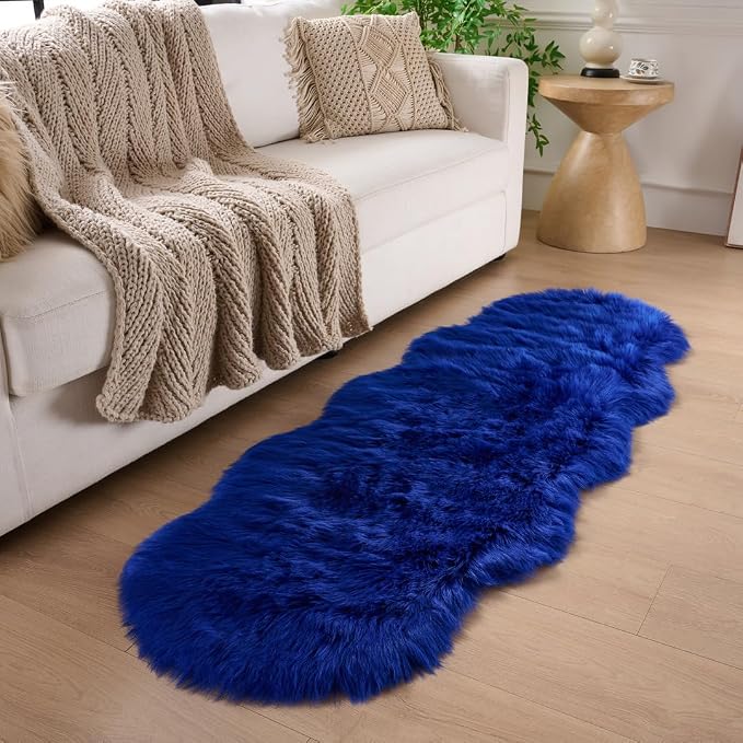 Faux Fur Sheepskin Runner Rug Royal Blue 2x6 ft Ultra Soft Shaggy Plush Fluffy Fuzzy Area Carpet Decorative Chair Cover Floor Mat for Bedroom Sofa Living Room Bedside