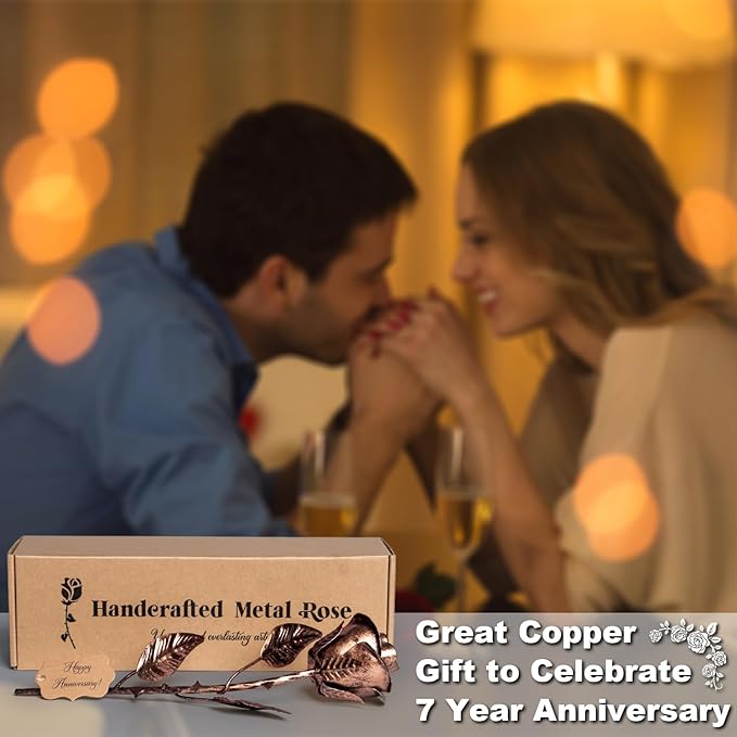 BESZONE 7 Year Anniversary Copper Gift for Her - Metal Rose Copper Gift for Wife 7th Wedding Anniversary for Him Husband Couples, Everlasting Flower 22nd 22 Year Handcrafted Love Stained Artwork