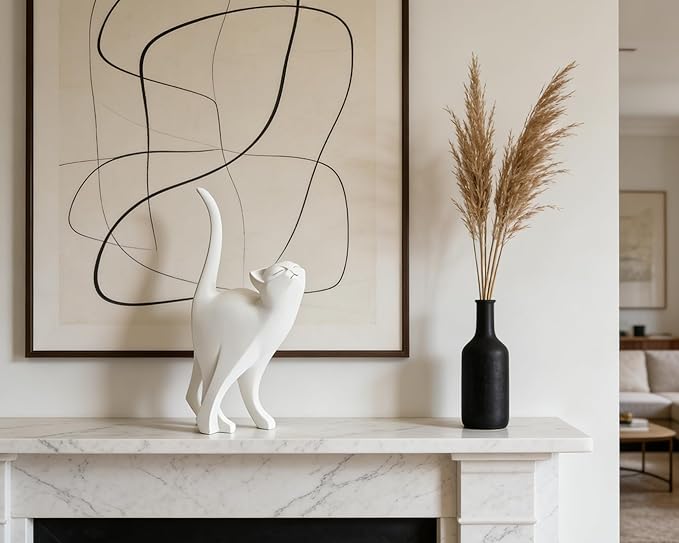 White Cat Statue Modern Abstract, Home Office Shelf Decor, 7-Inch Vibrant Assorted Colors, Easy to Match Any Decor Style