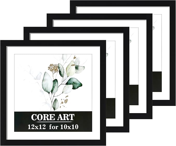 CORE ART 12x12 Picture Frame Set of 4, Display Pictures 10x10 with Mat or 12 x 12 without Mat, Multi Photo Frames Collage for Wall or Tabletop Display, Black