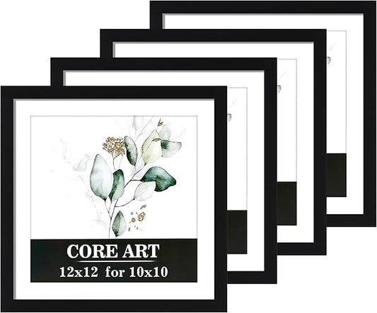 CORE ART 12x12 Picture Frame Set of 4, Display Pictures 10x10 with Mat or 12 x 12 without Mat, Multi Photo Frames Collage for Wall or Tabletop Display, Black