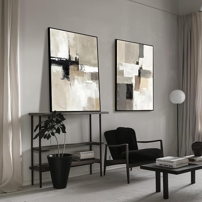 Set of 2 Modern Neutral Abstract Wall Art – Framed Beige, Gray, and Black Canvas Paintings for Living Room, Bedroom, or Office Décor – 24x36 Inches Each