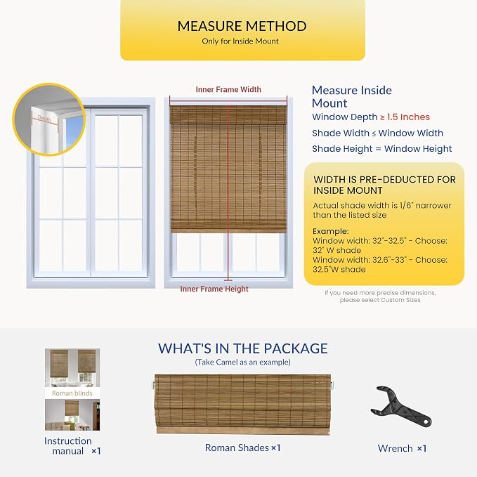 No Drill No Tools Bamboo Roman Shades, Cordless Light Filtering Window Blinds with Valance, Natural Woven Wood Shades for Living Room Dining Room, Camel（Sheer-View）, 33" W x 48" H