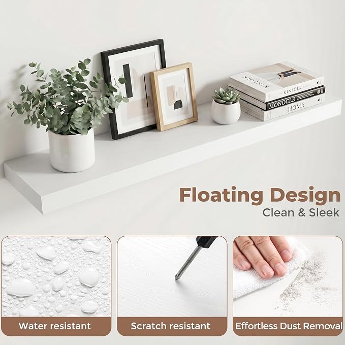 40 Inch Floating Shelves for Wall, 8"D Wood Storage Shelves, White Finish | Engineered Wood, Invisible Bracket, Large Storage, Easy Install, Hold Up to 66lbs, Living Room, Bathroom, Bedroom, Kitchen