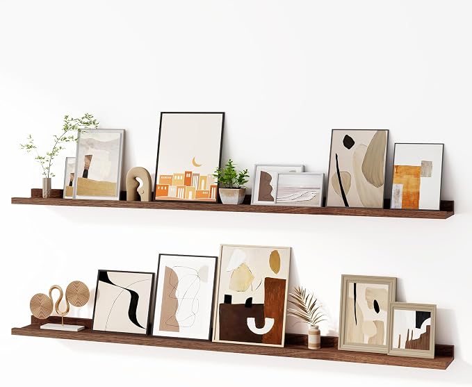 Fun Memories Picture Ledge Shelf, 60 Inch Floating Shelves Set of 2, Large Nursery Book Shelves for Toys Storage, Kids Bookshelf Wall Mounted for Wall Decor Books Photo Frames, Walnut