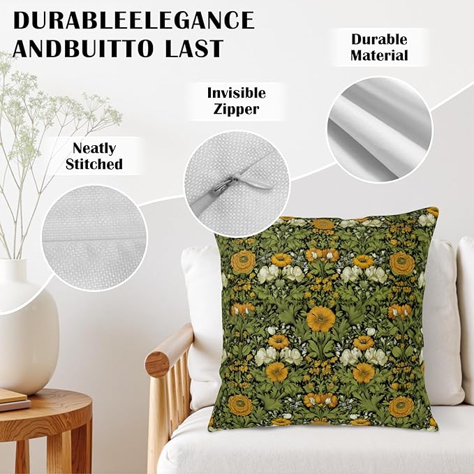 Dark Green Plant Floral Pillow Covers 22x22 Sage Green Botanical Throw Pillow Covers Fern Leaf White Orange Flowers Pillowcase Vintage Wildflower Cushion Case for Couch Sofa 2 Pack