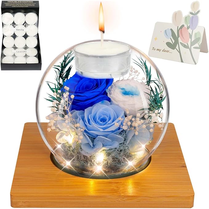 Preserved Blue Real Rose in Glass with Scented Candles–Eternal Flower Romantic Anniversary Mothers Day Christmas Birthday Valentines Day, Women, Wife, Girlfriend, Mom, Grandma
