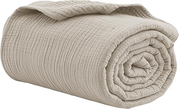 100% Cotton Muslin Twin XL Blanket (66" x 90") – A Luxuriously Soft, 4-Layer Lightweight and Breathable Gauze Blanket, Perfect for Year-Round use on beds, couches (Khaki, Twin XL)