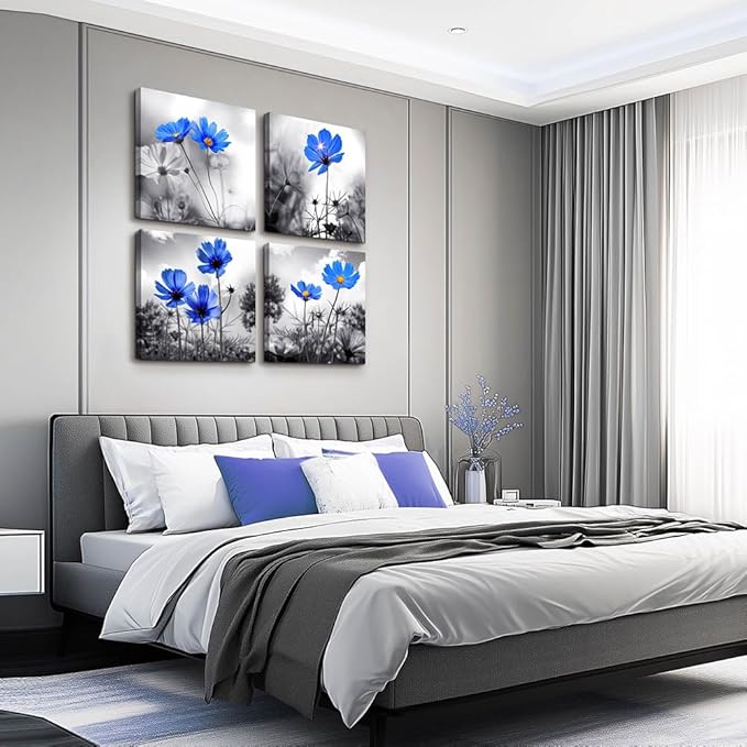 wall art for living room Black and White cyan blue flower Big Canvas Prints Wall Decor Artwork 16" x 16" 4 Pieces Framed Black Border Ready to Hang for bedroom kitchen Home Decoration withoffice