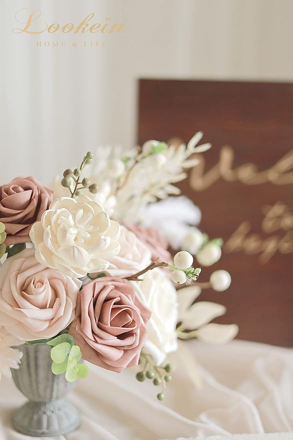 Lookein Artificial Flowers for DIY Wedding Decoration Bridal Bouquet Table Centerpieces Flower Garland Wreaths Aisle Arch Flower Decoration Home Decor, Tender Dusty Rose