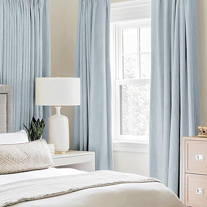 MIULEE 90 Inches Linen Textured Curtains for Bedroom 100% Blackout Thermal Insulated Chambray Blue Grommet Room Darkening Curtains & Drapes Luxury Decor for Living Room Nursery 52 x 90 Inch (2 Panels)