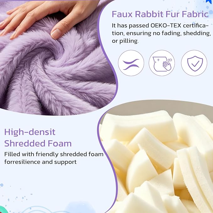 24 Inches Memory Foam Bean Bag Chair - Ultra Soft Faux Rabbit Fur Round Sofa with Handle & Machine Washable Cover, Eggplant-Shaped Kids Reading Chair for Bedroom, Living Room and Playroom, Purple