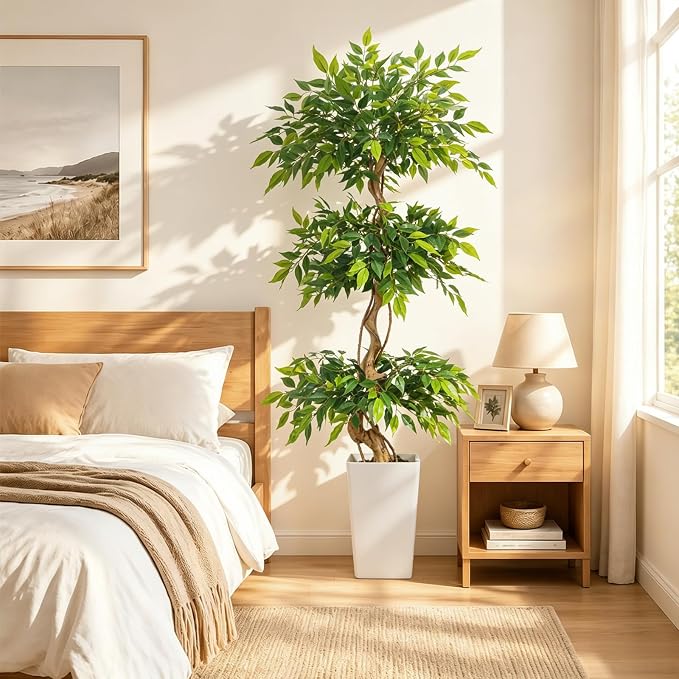 GTIDEA 6FT Ficus Artificial Tree in Tall Decorative Planter, 72 ''Tall Faux Ficus Tree with Realistic Green Leaves and Natural Trunk, Large Fake Indoor Plant for Living Room, Office, Home Corner Decor
