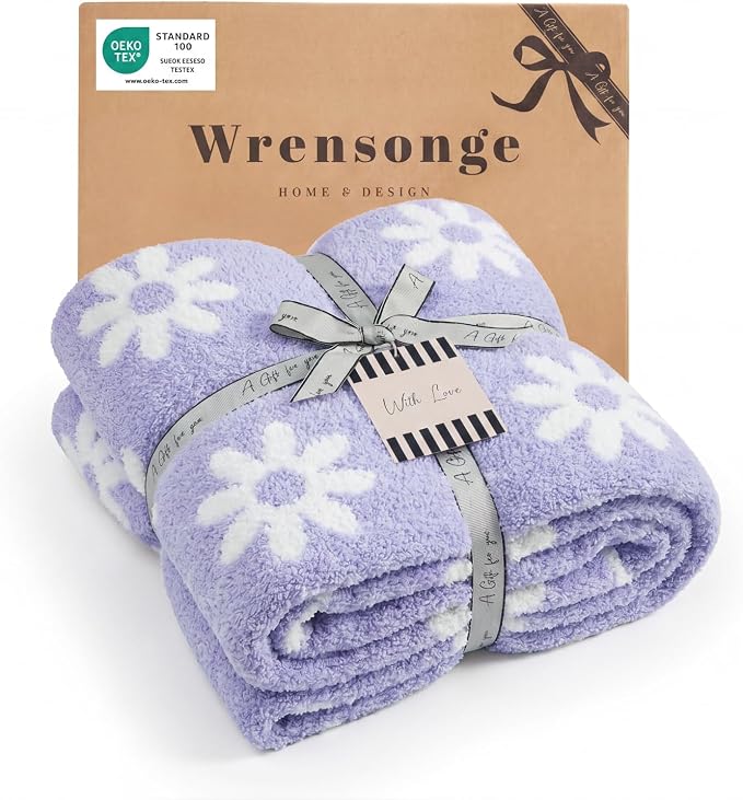 WRENSONGE Soft Throw Blanket for Couch-Cozy Reversible Knitted Blankets | Lightweight Warm Fluffy Decor for Women, Mom, Her & Girls, Sofa, Chair, Bed, 50x60in,Daisy Floral Purple