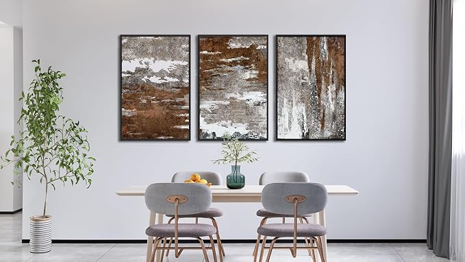 Large Framed Canvas Wall Art - Rustic Brown and White Abstract Pictures for Living Room Aesthetic Vintage Wall Decor Retro Prints for Bedroom Dinning Room Black Float Framed 24" X 36" X 3 pcs