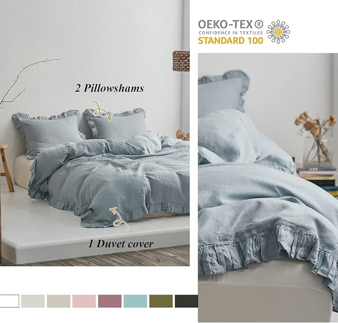 Simple&Opulence 100% Linen Duvet Cover Set, 3 PCS Natural French Flax Dusty Blue Ruffle Duvet Cover King Size, Breathable Comfy Linen Bedding Comforter Cover with 2 Pillowcases(Dusty Blue, 104" X 92")