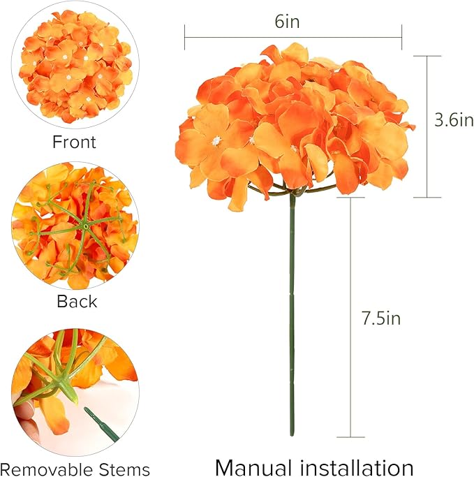 Auihiay 64 PCS Orange Hydrangea Flowers, Silk Hydrangea Artificial Flowers Heads with Stems, Artificial Hydrangea Flowers for Wedding Centerpieces, Home, Garden, Baby Shower Decoration